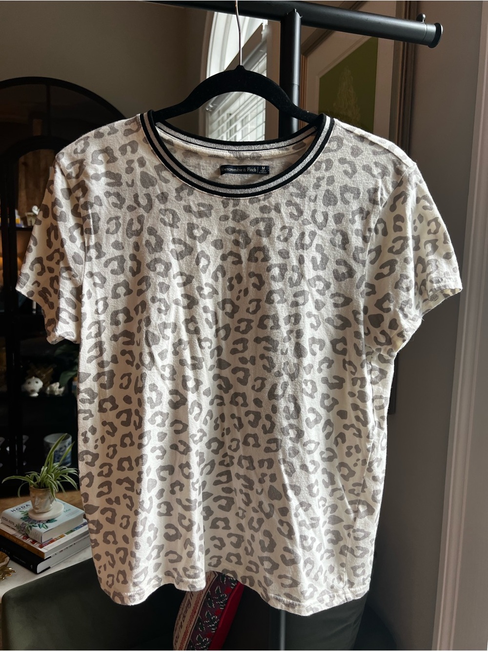 Abercrombie & Fitch Cream Tee with Gray Leopard Print